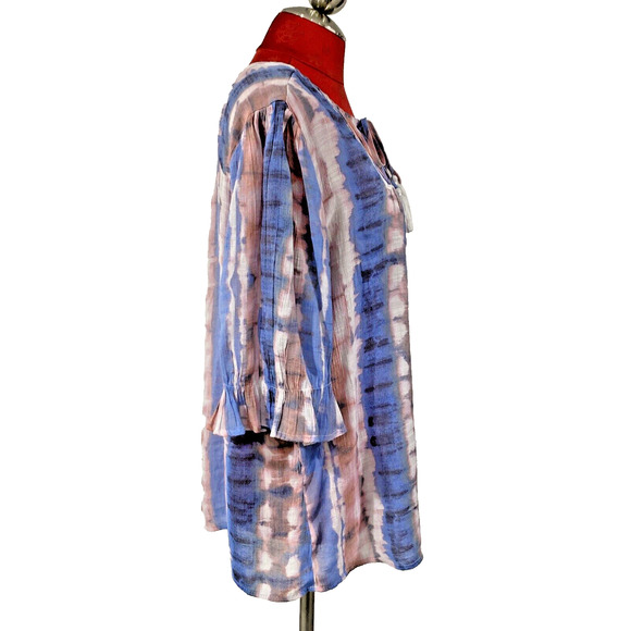 Zac & Rachel Woman Sz 2X Pink & Blue Peasant Top Boho Blouse 3/4 Sleeve Tassels - Picture 5 of 10